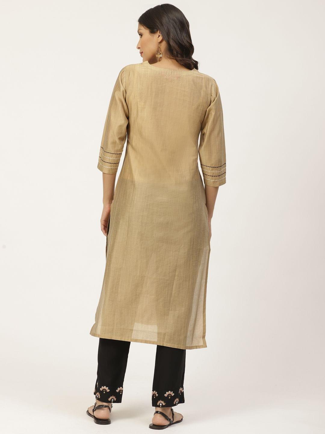 Women Beige & Black Zari Yoke Design Kurta With Palazzos - Indiakreations