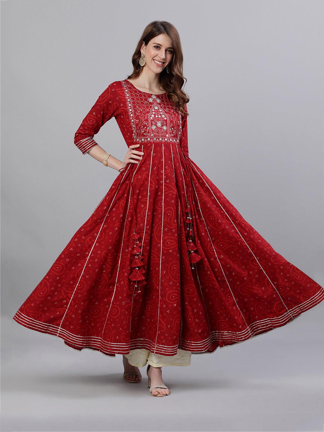 Women's Cotton Maroon Yoke Embellished Bandhani Anarkali Kurta - Ishin - Indiakreations