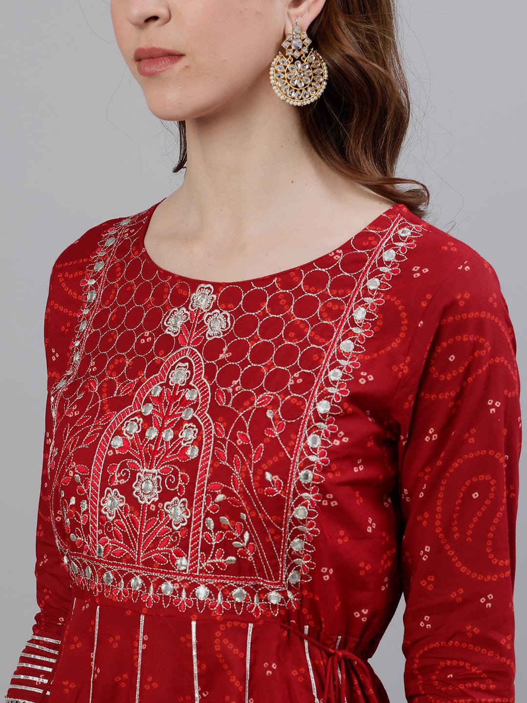 Women's Cotton Maroon Yoke Embellished Bandhani Anarkali Kurta - Ishin - Indiakreations