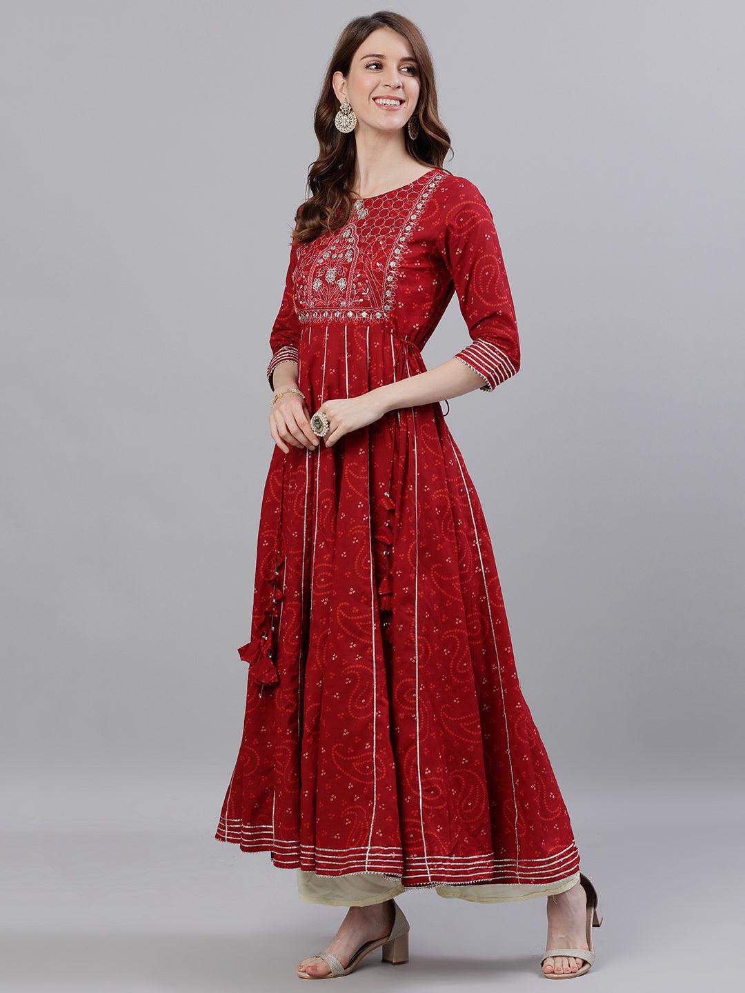 Women's Cotton Maroon Yoke Embellished Bandhani Anarkali Kurta - Ishin - Indiakreations