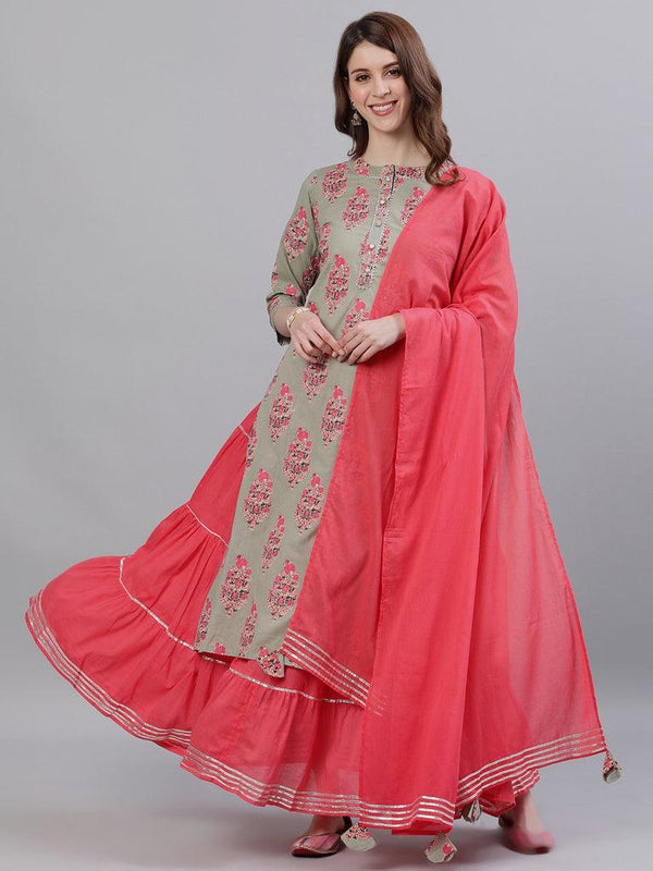 Women's Green-Pink Kurta & Skirt with Dupatta Suit Set by Ishin- (3pcs set) - Indiakreations