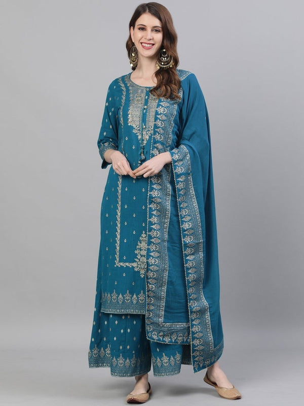 Women's Teal Kurta with Sharara & Dupatta Suit Set by Ishin- (3pcs set)