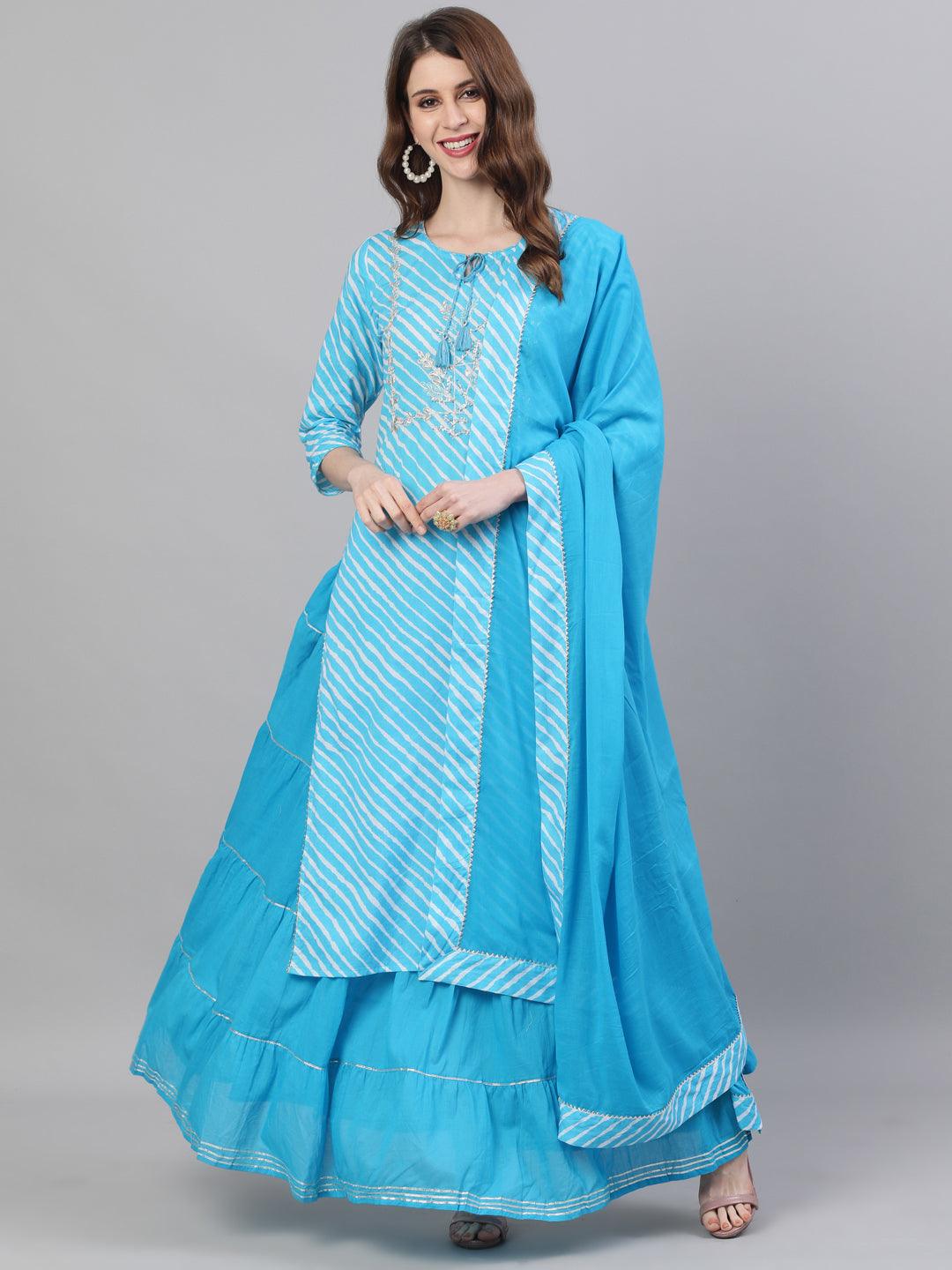 Women's Blue Cotton Kurta with Skirt & Dupatta by Ishin (3pcs Set) - Indiakreations