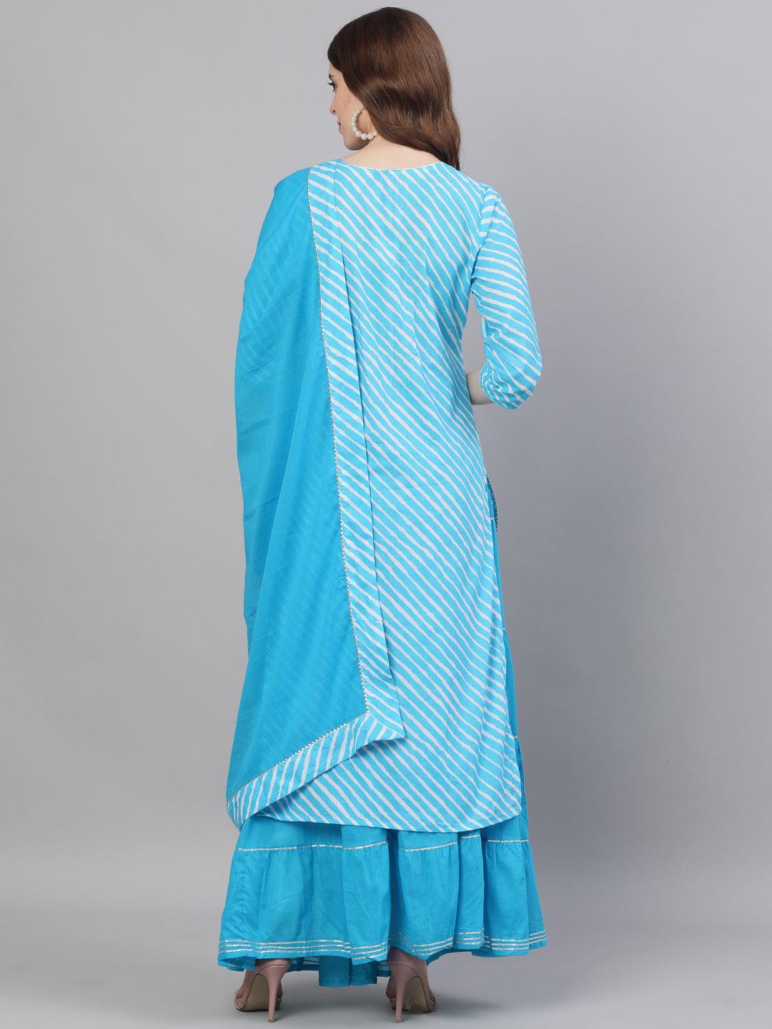 Women's Blue Cotton Kurta with Skirt & Dupatta by Ishin (3pcs Set) - Indiakreations