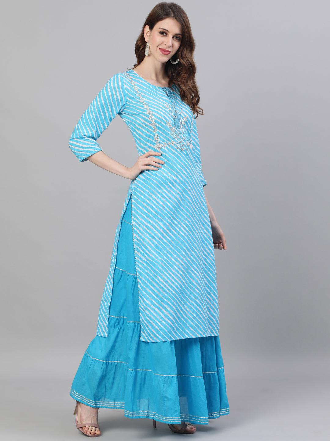 Women's Blue Cotton Kurta with Skirt & Dupatta by Ishin (3pcs Set) - Indiakreations