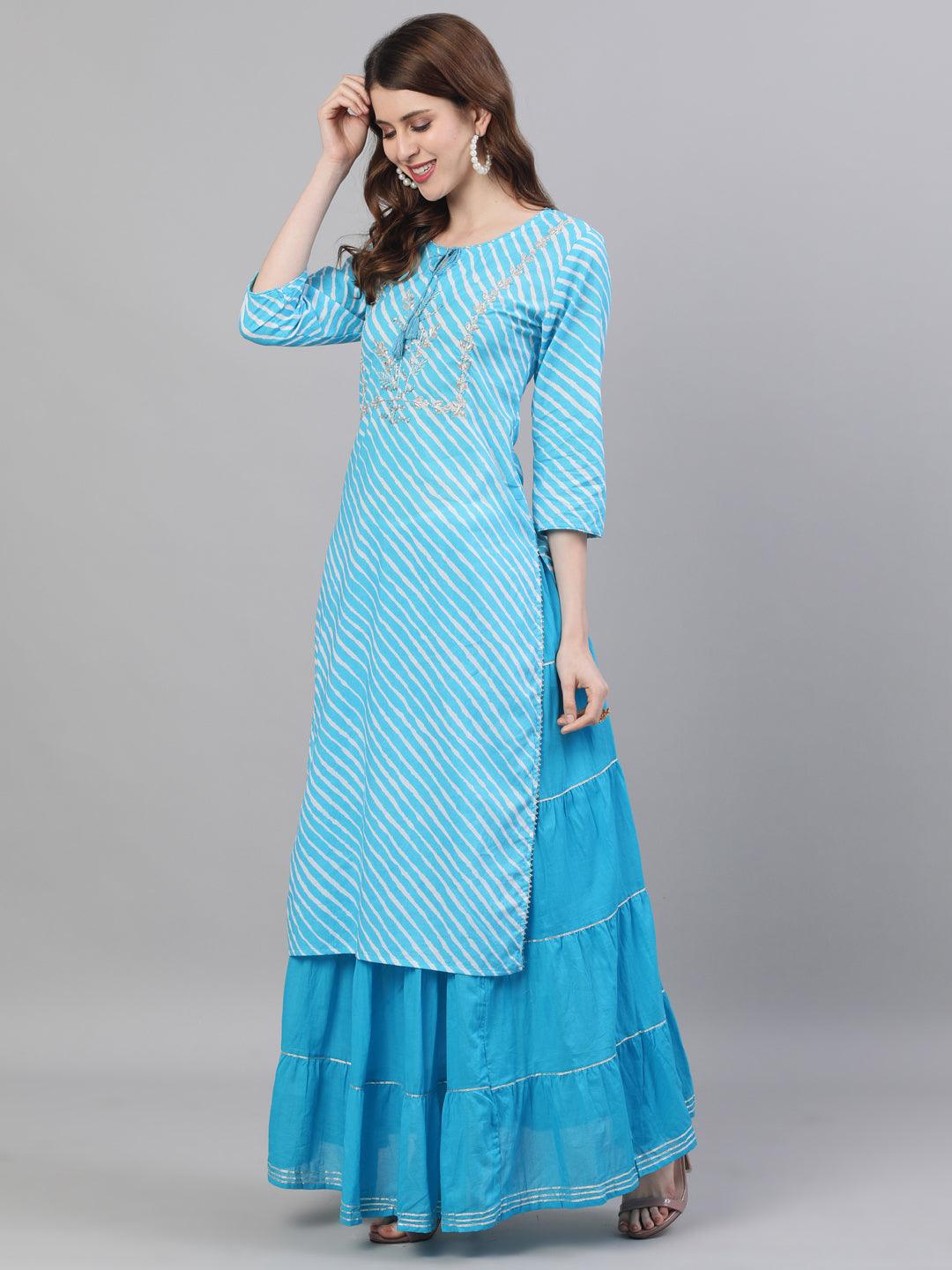 Women's Blue Cotton Kurta with Skirt & Dupatta by Ishin (3pcs Set) - Indiakreations