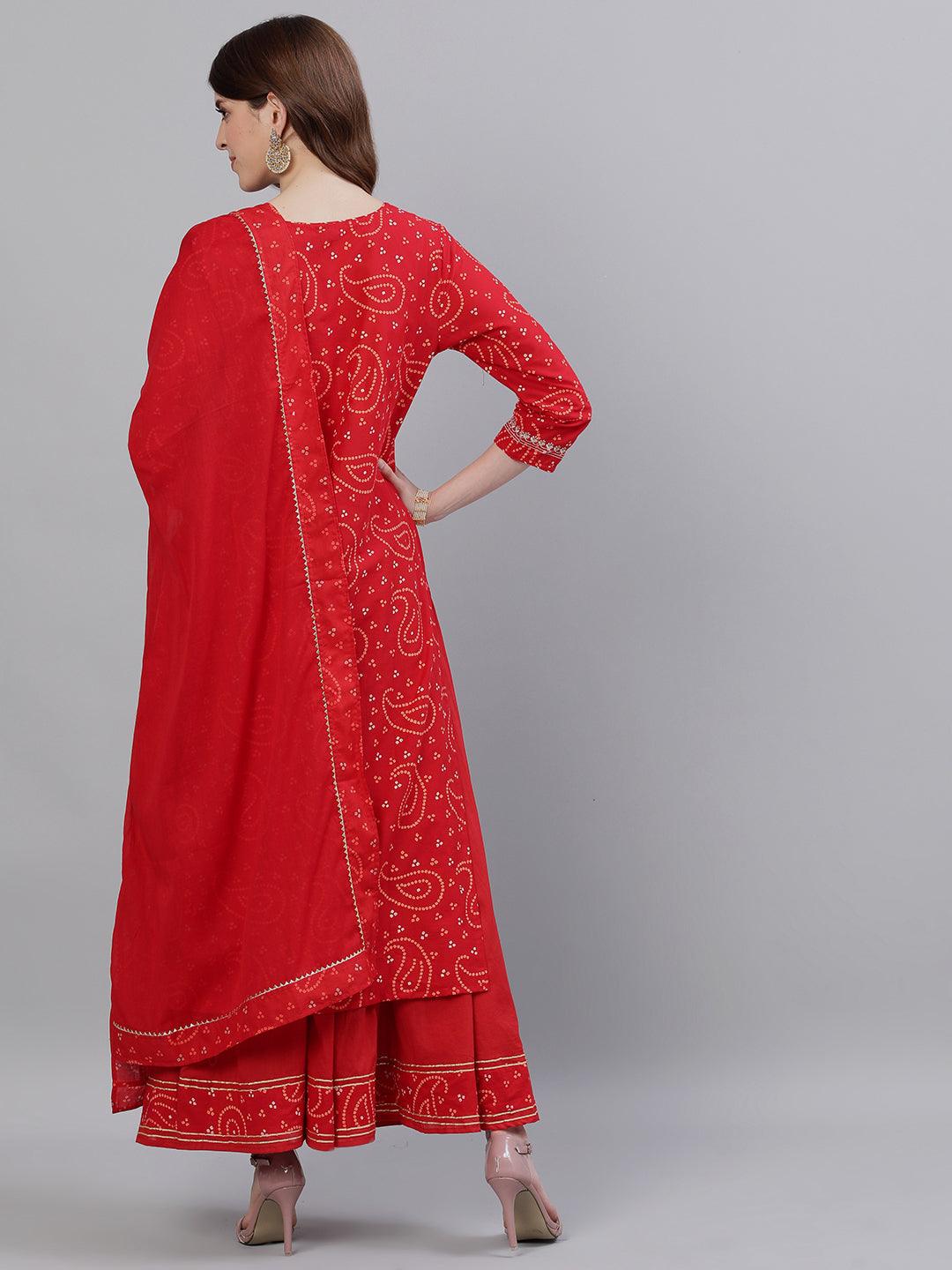 Women Red Cotton Kurta with Sharara & Dupattta by Ishin (3pcs Set) - Indiakreations