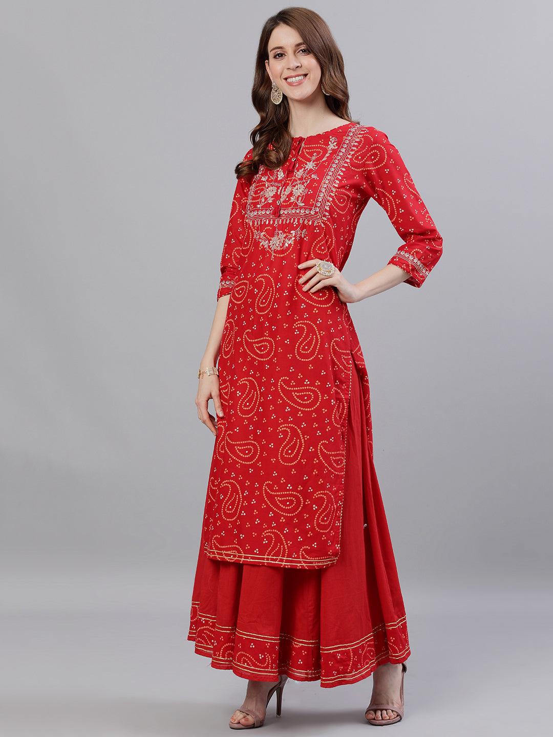 Women Red Cotton Kurta with Sharara & Dupattta by Ishin (3pcs Set) - Indiakreations