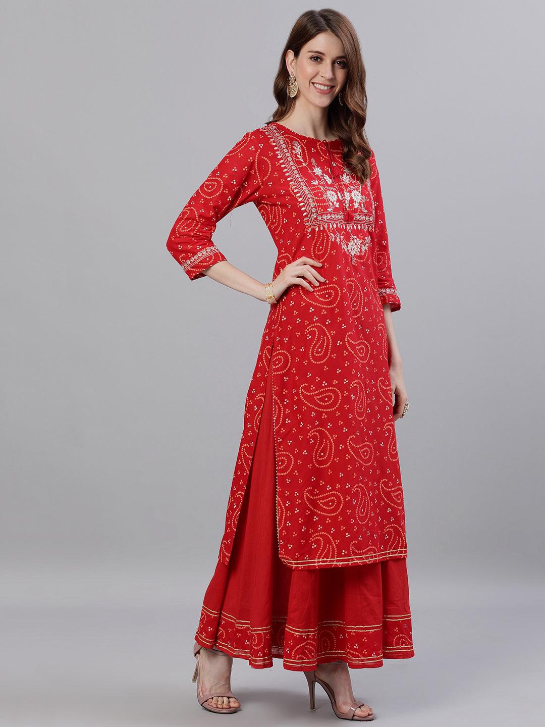 Women Red Cotton Kurta with Sharara & Dupattta by Ishin (3pcs Set) - Indiakreations