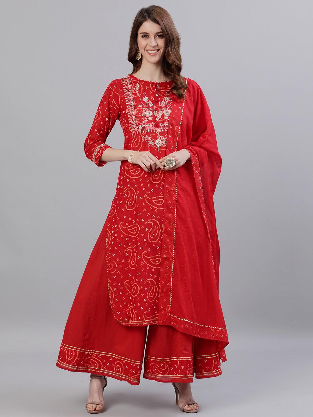 Women Red Cotton Kurta with Sharara & Dupattta by Ishin (3pcs Set) - Indiakreations