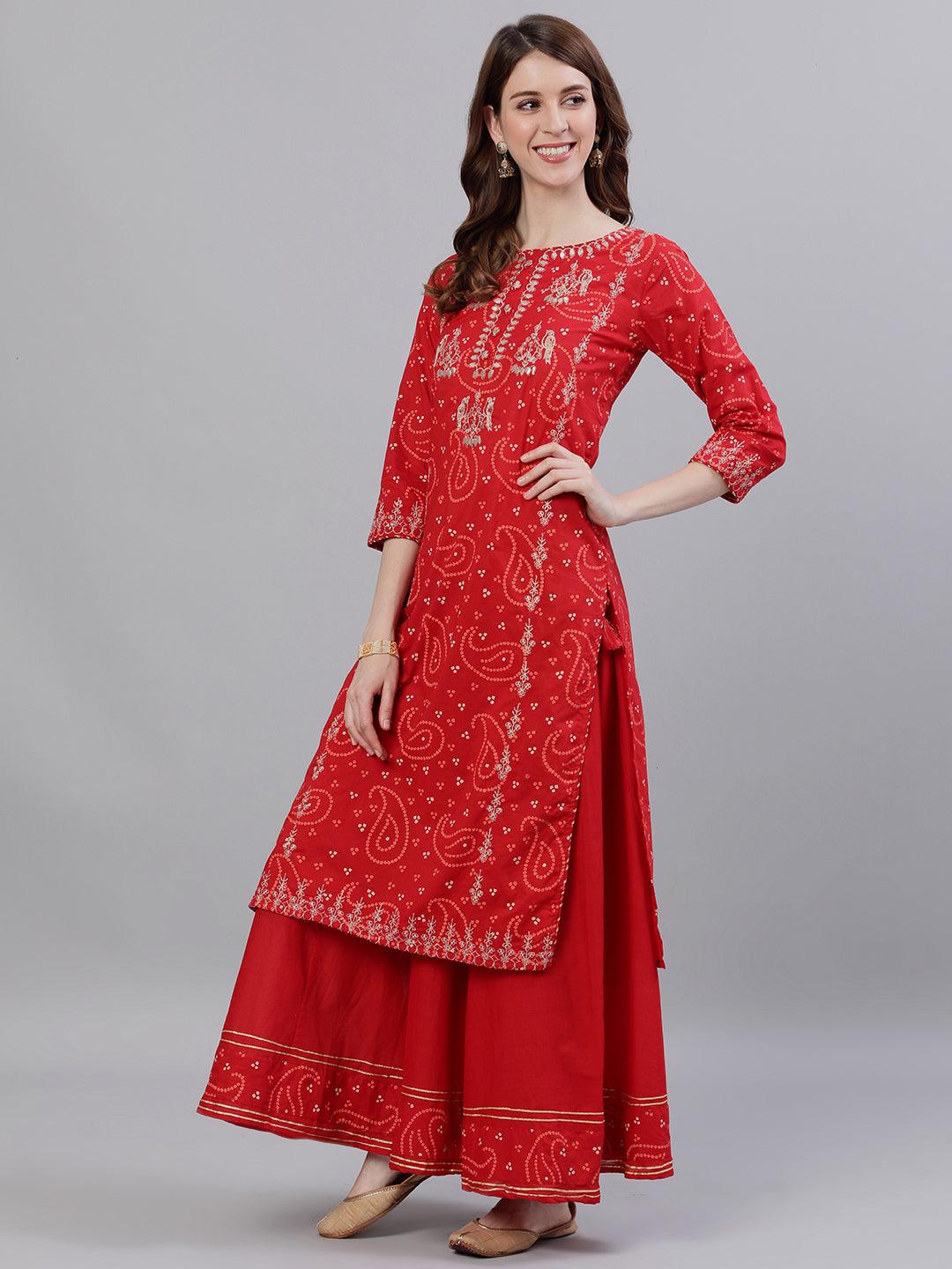 Women's Red Cotton Kurta with Sharara & Dupattta by Ishin (3pcs Set) - Indiakreations