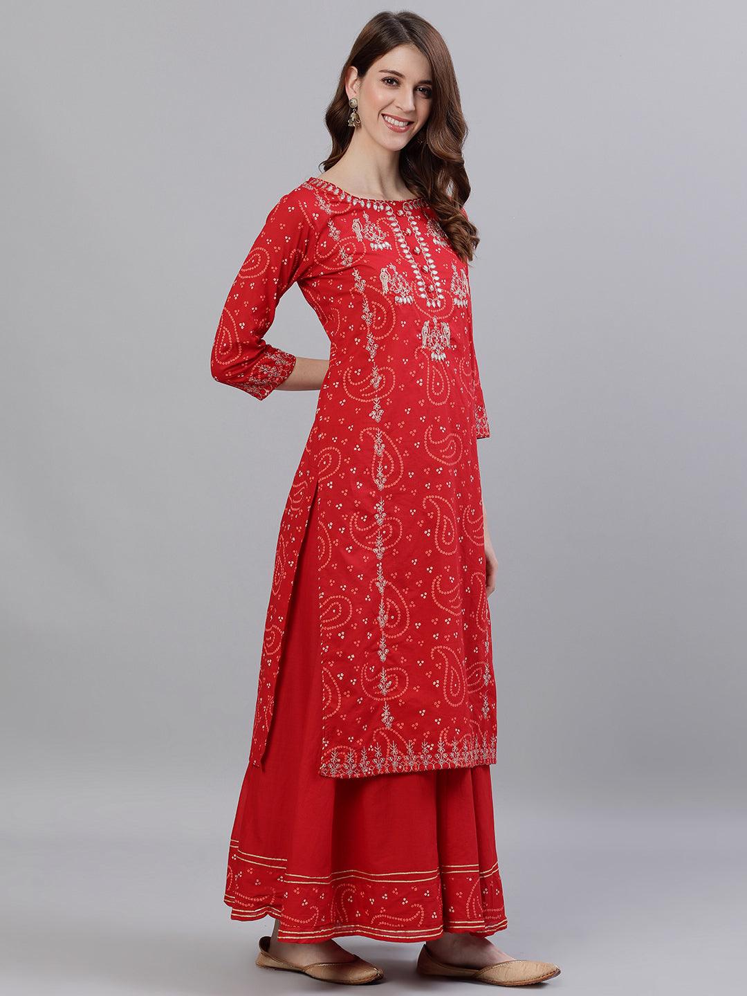 Women's Red Cotton Kurta with Sharara & Dupattta by Ishin (3pcs Set) - Indiakreations