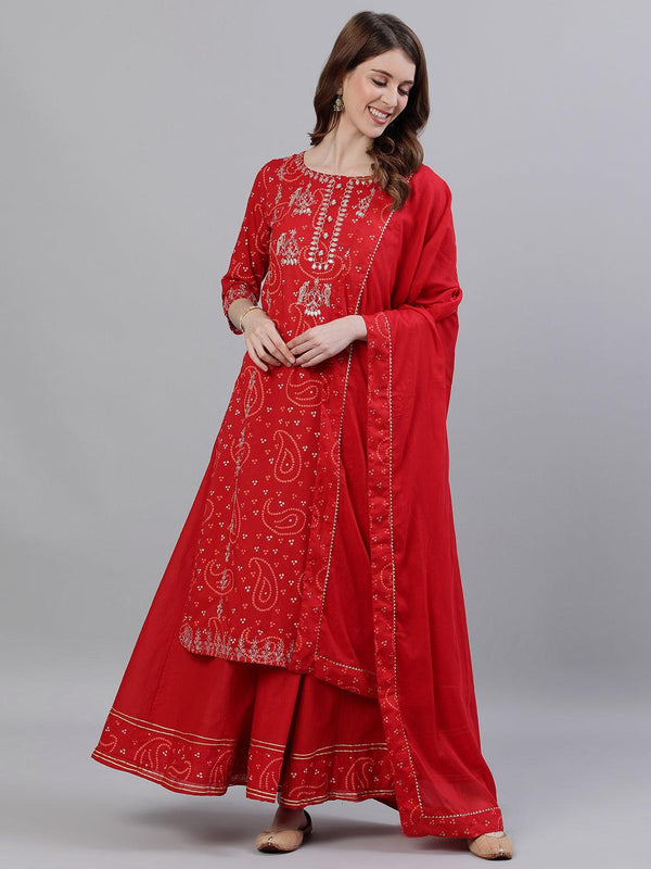 Women's Red Cotton Kurta with Sharara & Dupattta by Ishin (3pcs Set) - Indiakreations