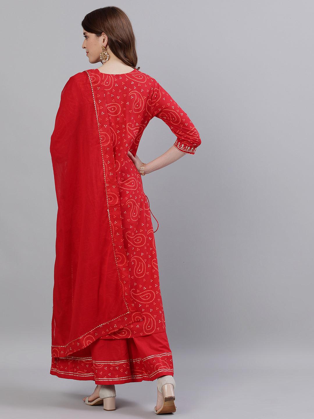 Women Red Cotton Kurta with Sharara & Dupattta by Ishin (3pcs Set) - Indiakreations