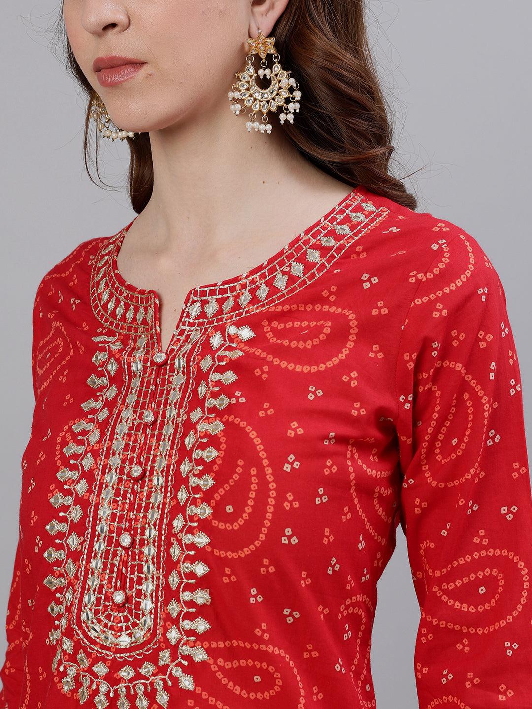 Women Red Cotton Kurta with Sharara & Dupattta by Ishin (3pcs Set) - Indiakreations