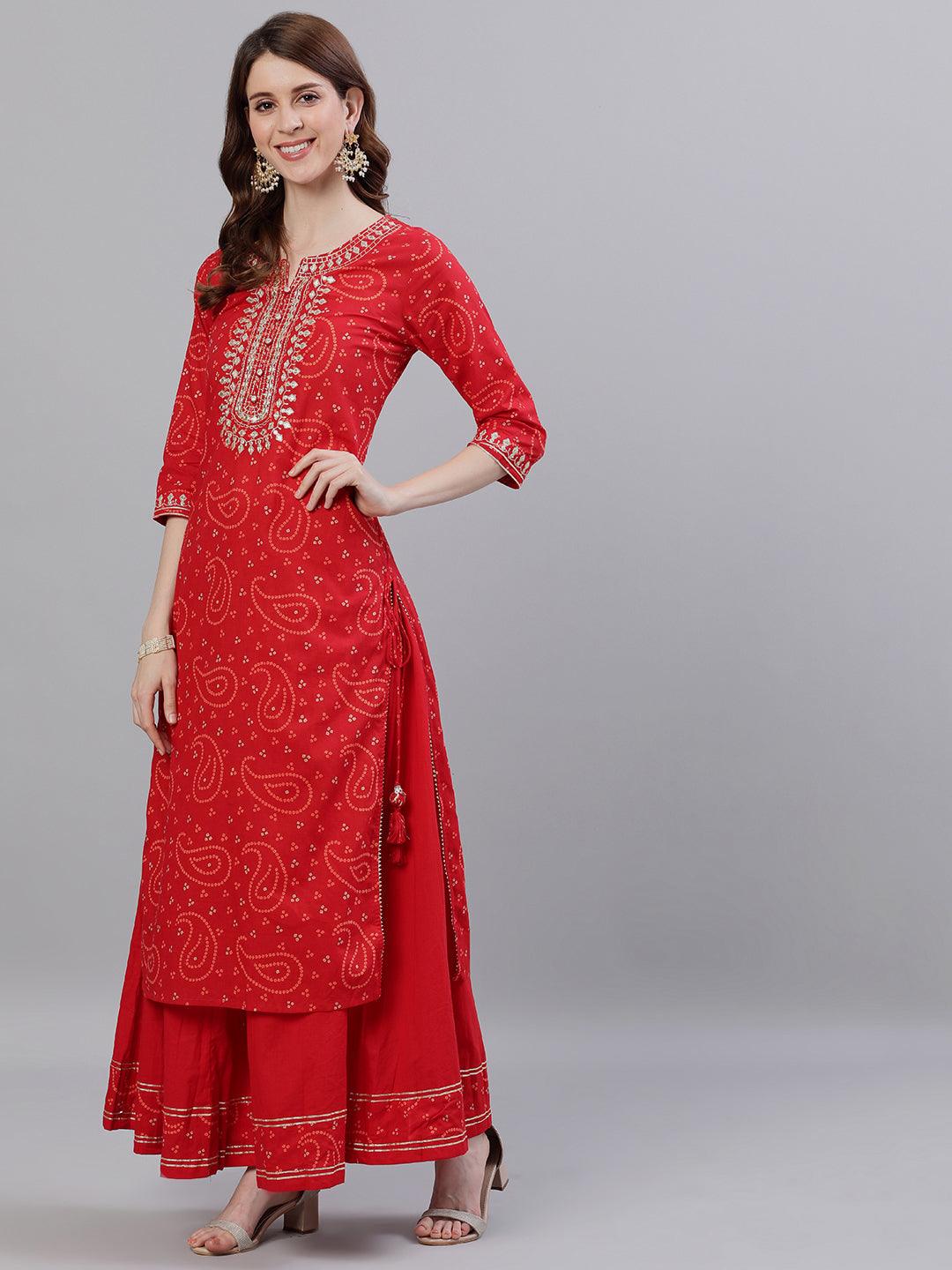 Women Red Cotton Kurta with Sharara & Dupattta by Ishin (3pcs Set) - Indiakreations