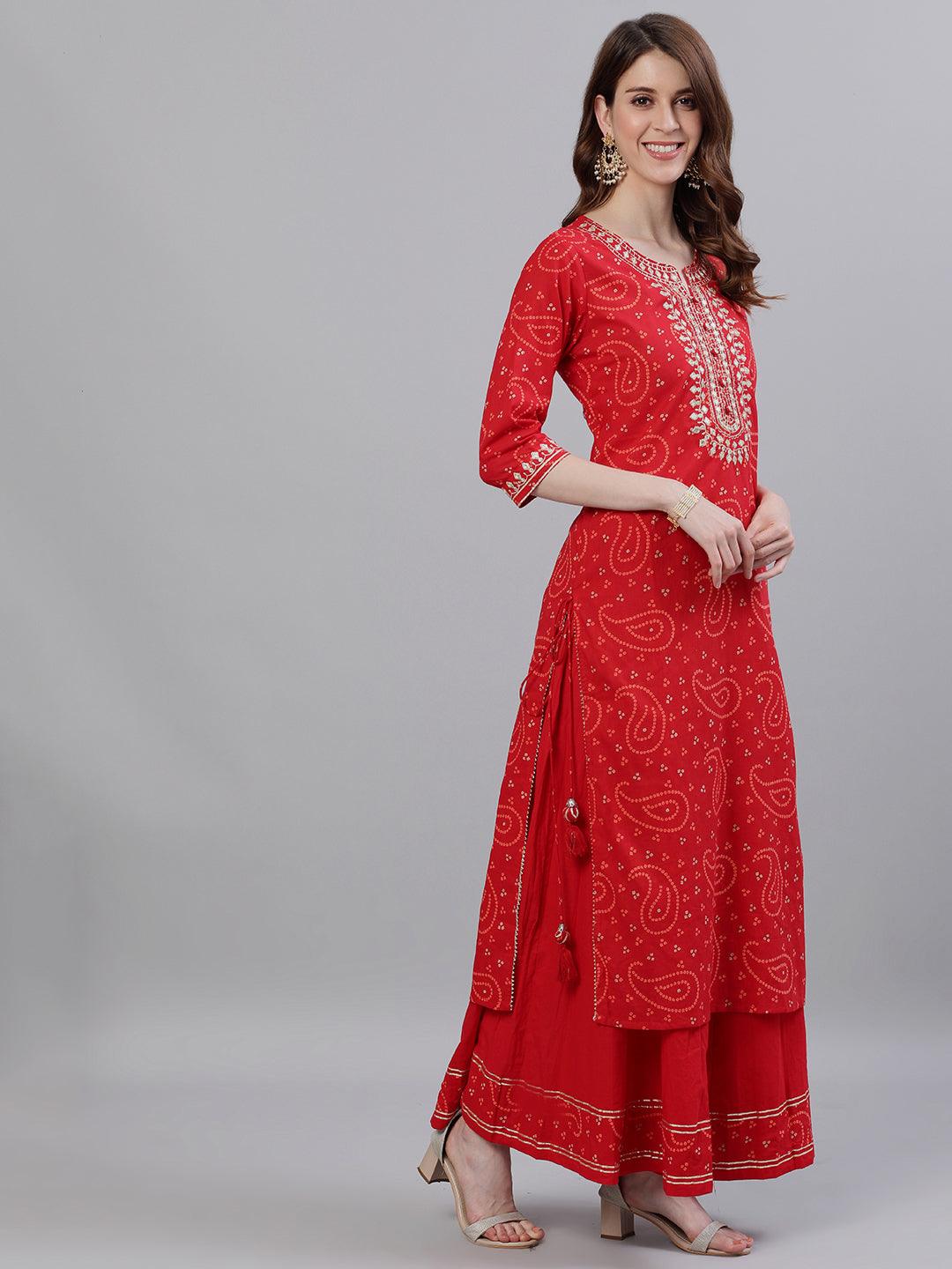 Women Red Cotton Kurta with Sharara & Dupattta by Ishin (3pcs Set) - Indiakreations