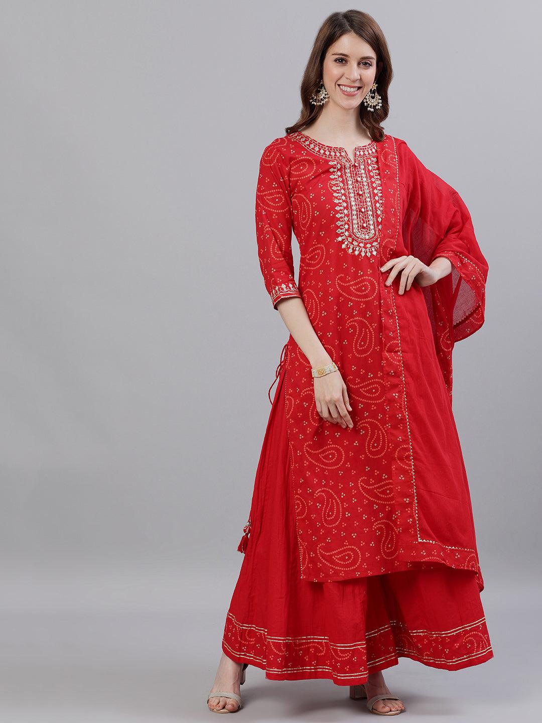 Women Red Cotton Kurta with Sharara & Dupattta by Ishin (3pcs Set) - Indiakreations