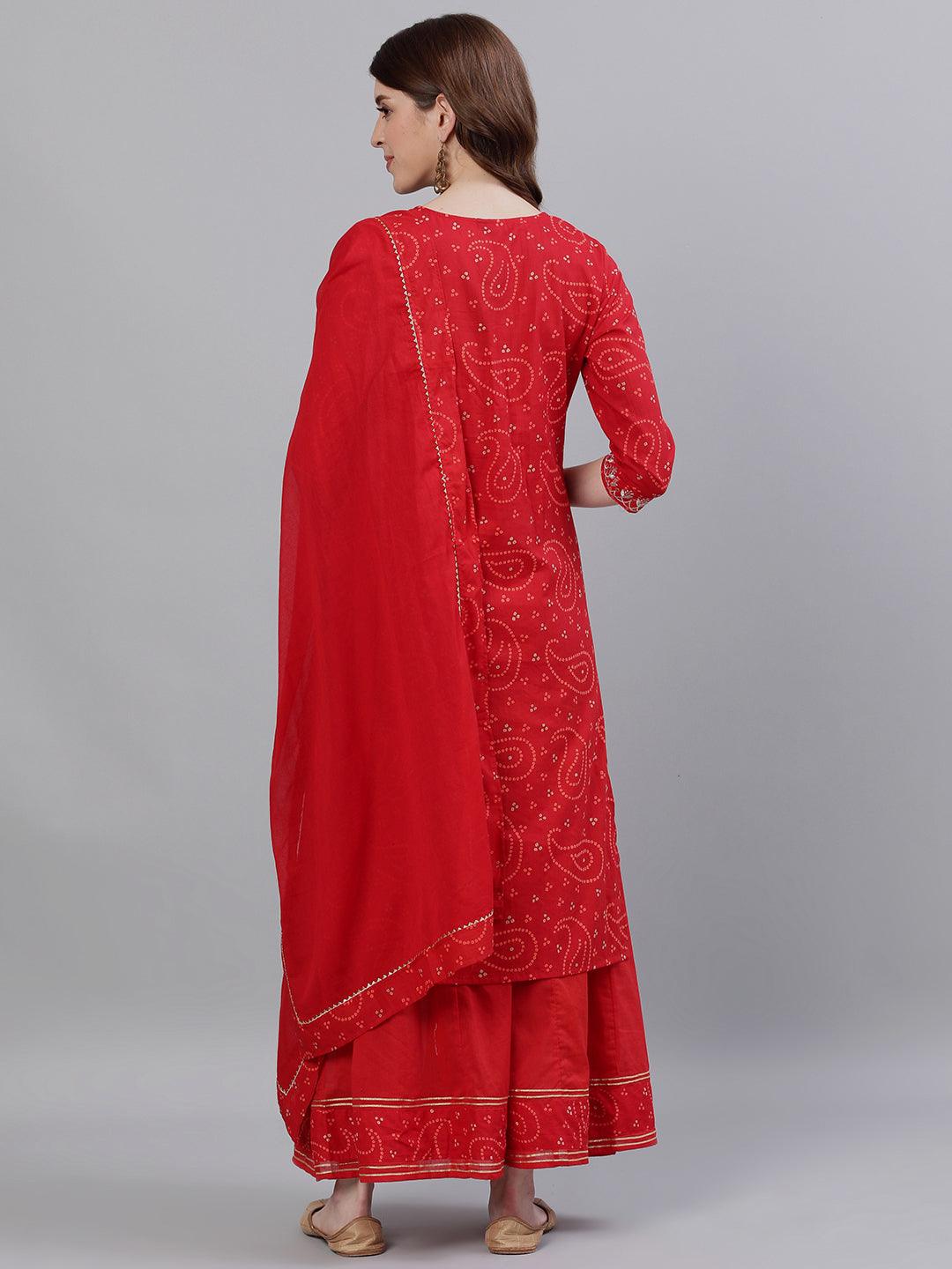 Women Red Cotton Kurta with Sharara & Dupattta by Ishin (3pcs Set) - Indiakreations