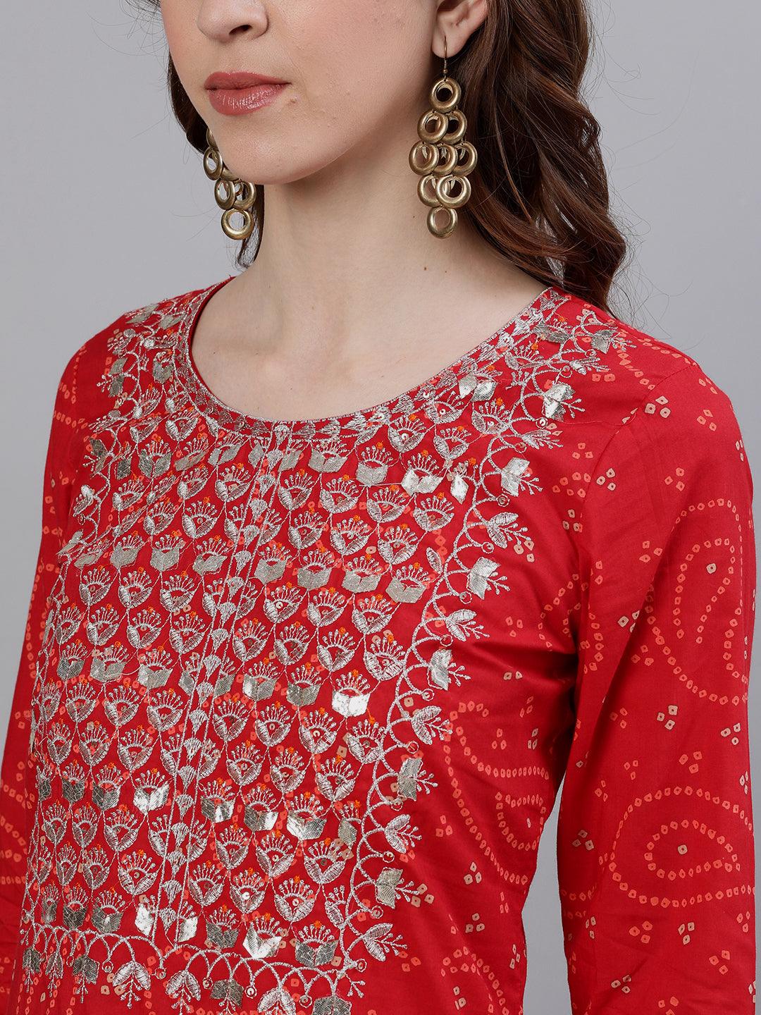 Women Red Cotton Kurta with Sharara & Dupattta by Ishin (3pcs Set) - Indiakreations