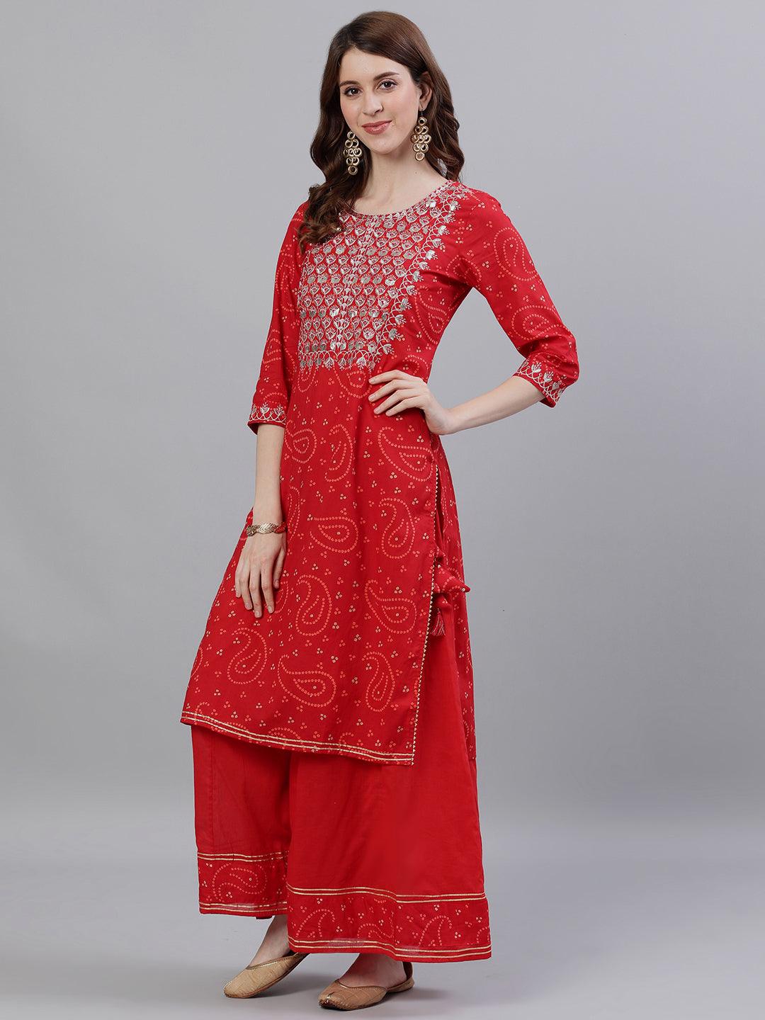 Women Red Cotton Kurta with Sharara & Dupattta by Ishin (3pcs Set) - Indiakreations