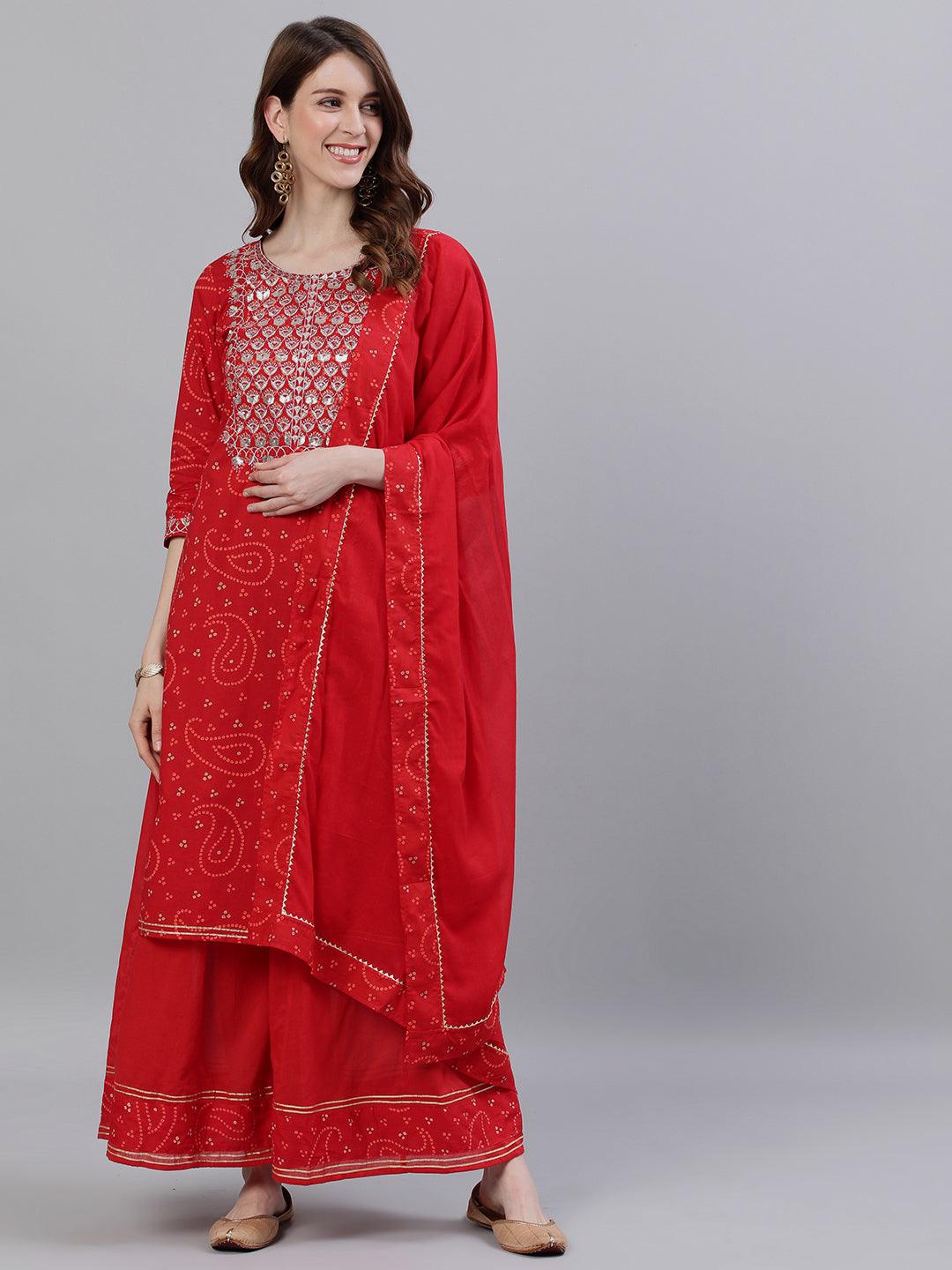 Women Red Cotton Kurta with Sharara & Dupattta by Ishin (3pcs Set) - Indiakreations