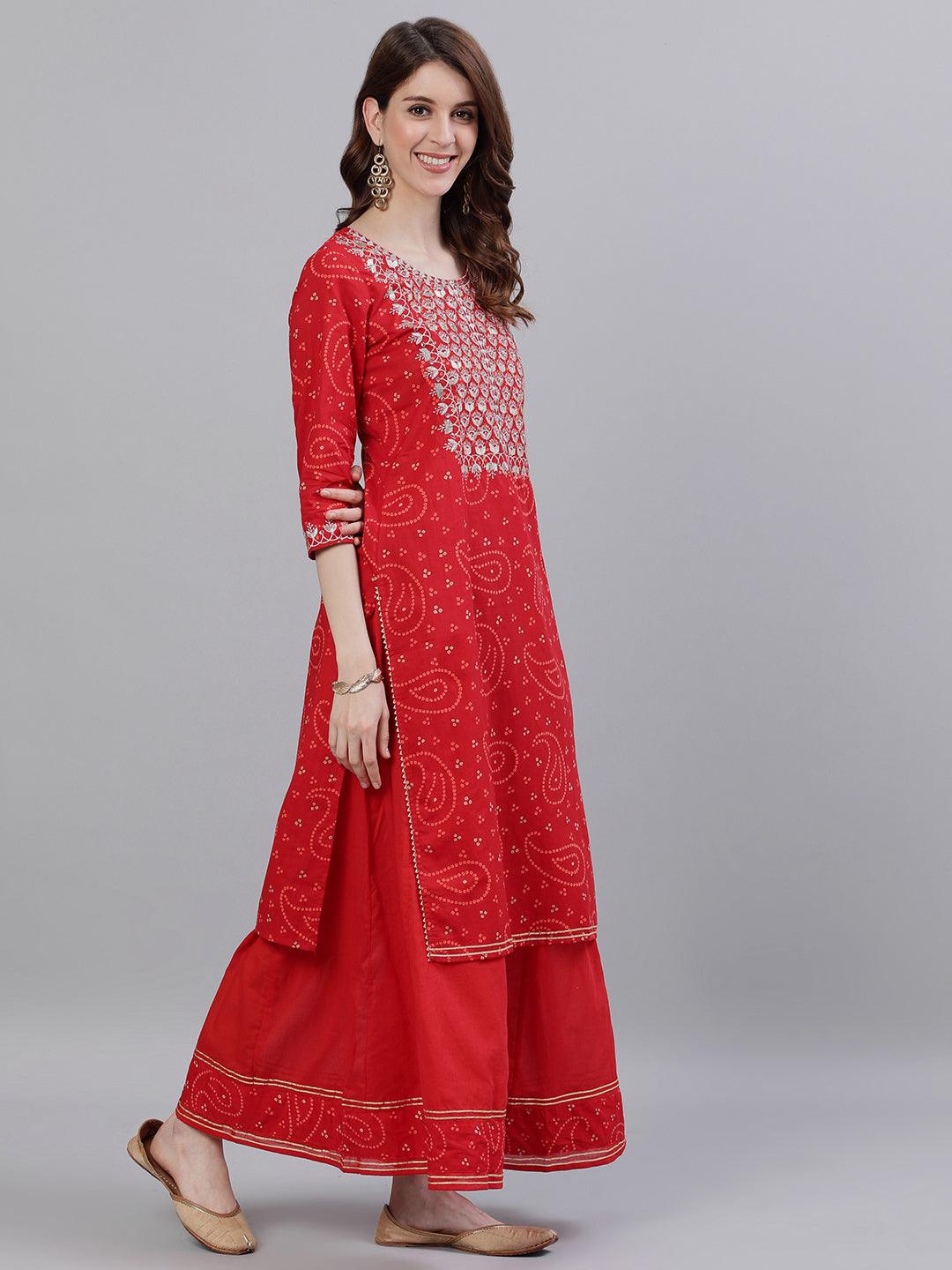 Women Red Cotton Kurta with Sharara & Dupattta by Ishin (3pcs Set) - Indiakreations