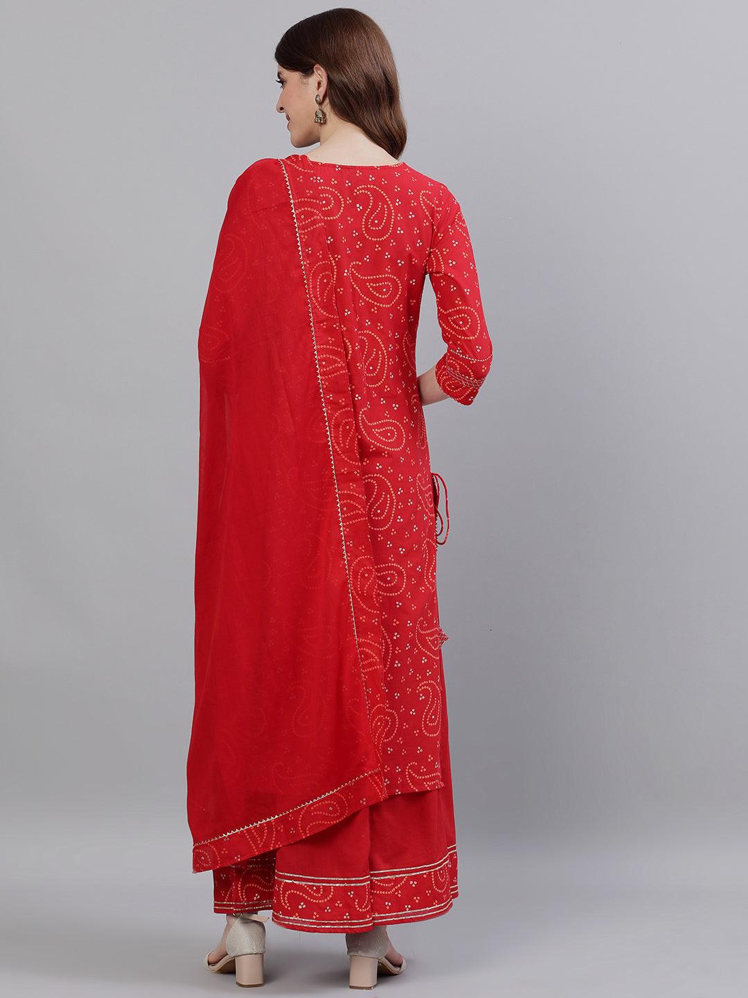 Women Red Cotton Kurta with Sharara & Dupattta by Ishin (3pcs Set) - Indiakreations