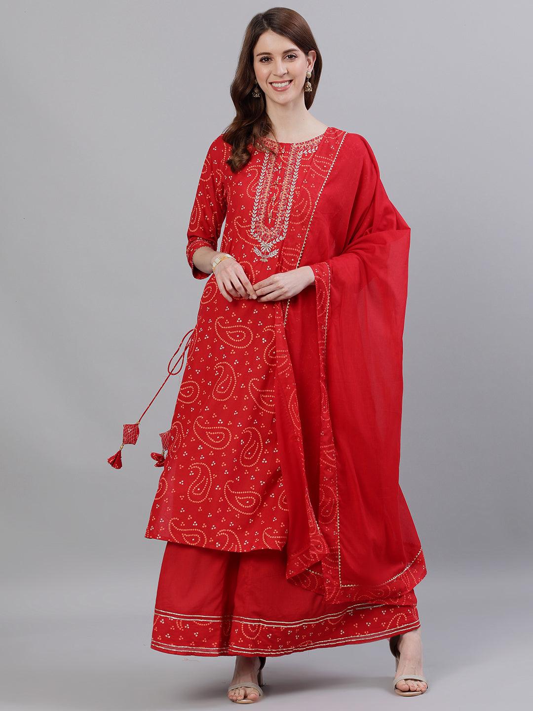 Women Red Cotton Kurta with Sharara & Dupattta by Ishin (3pcs Set) - Indiakreations