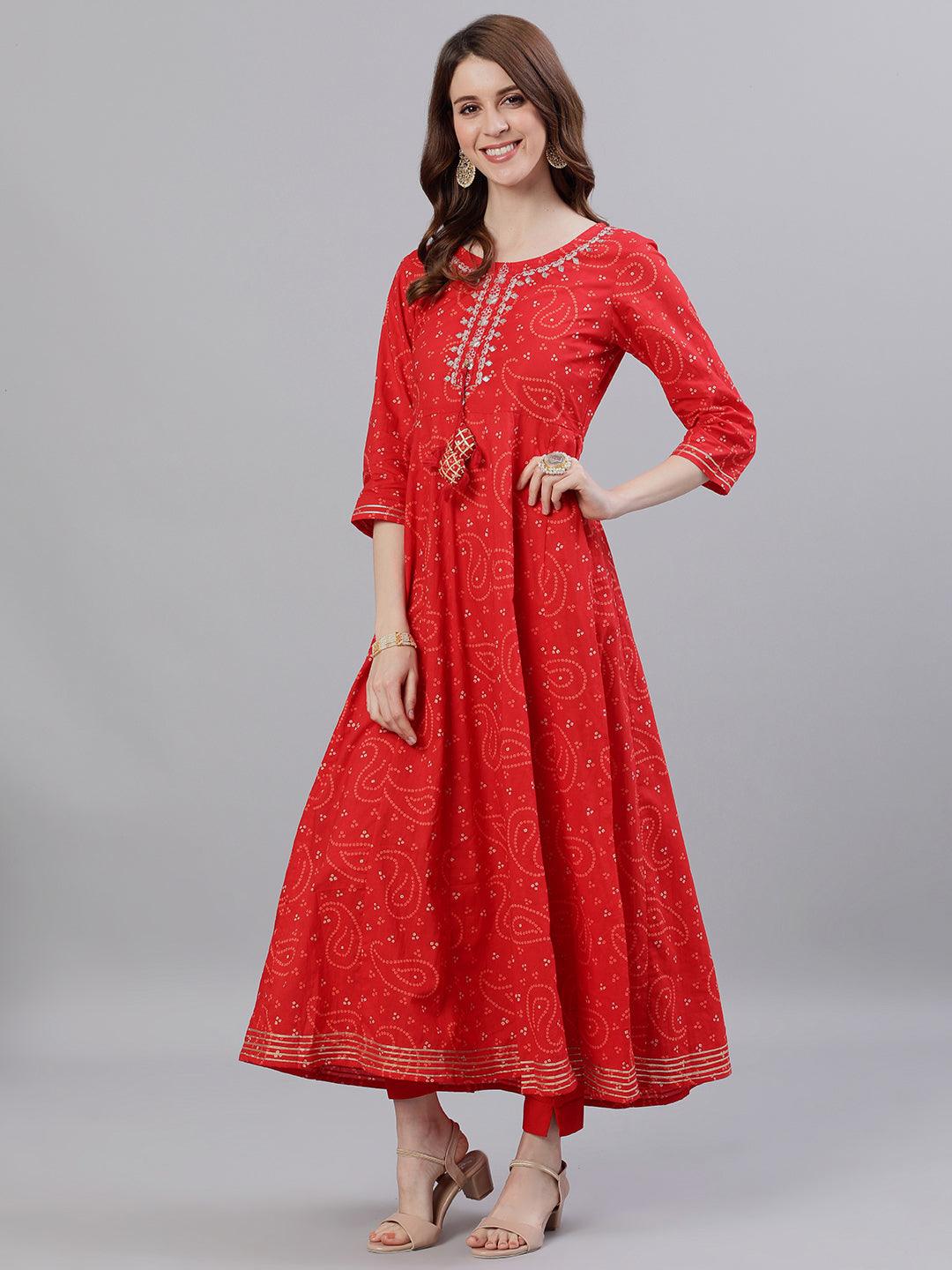 Women's Red Anarkali Kurta With Dupatta set by Ishin- (2pcs set) - Indiakreations