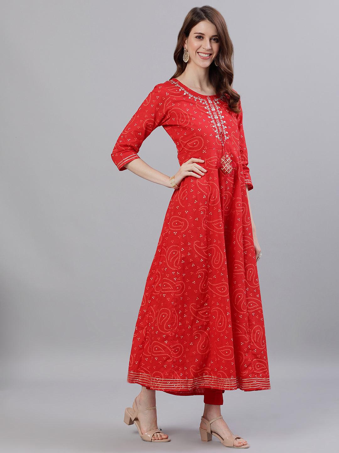 Women's Red Anarkali Kurta With Dupatta set by Ishin- (2pcs set) - Indiakreations