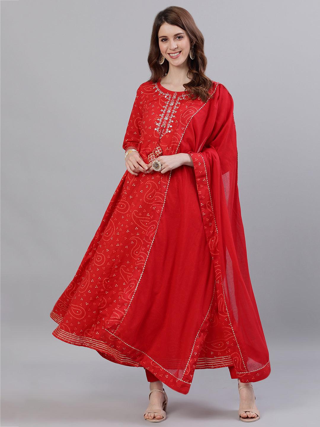 Women's Red Anarkali Kurta With Dupatta set by Ishin- (2pcs set) - Indiakreations