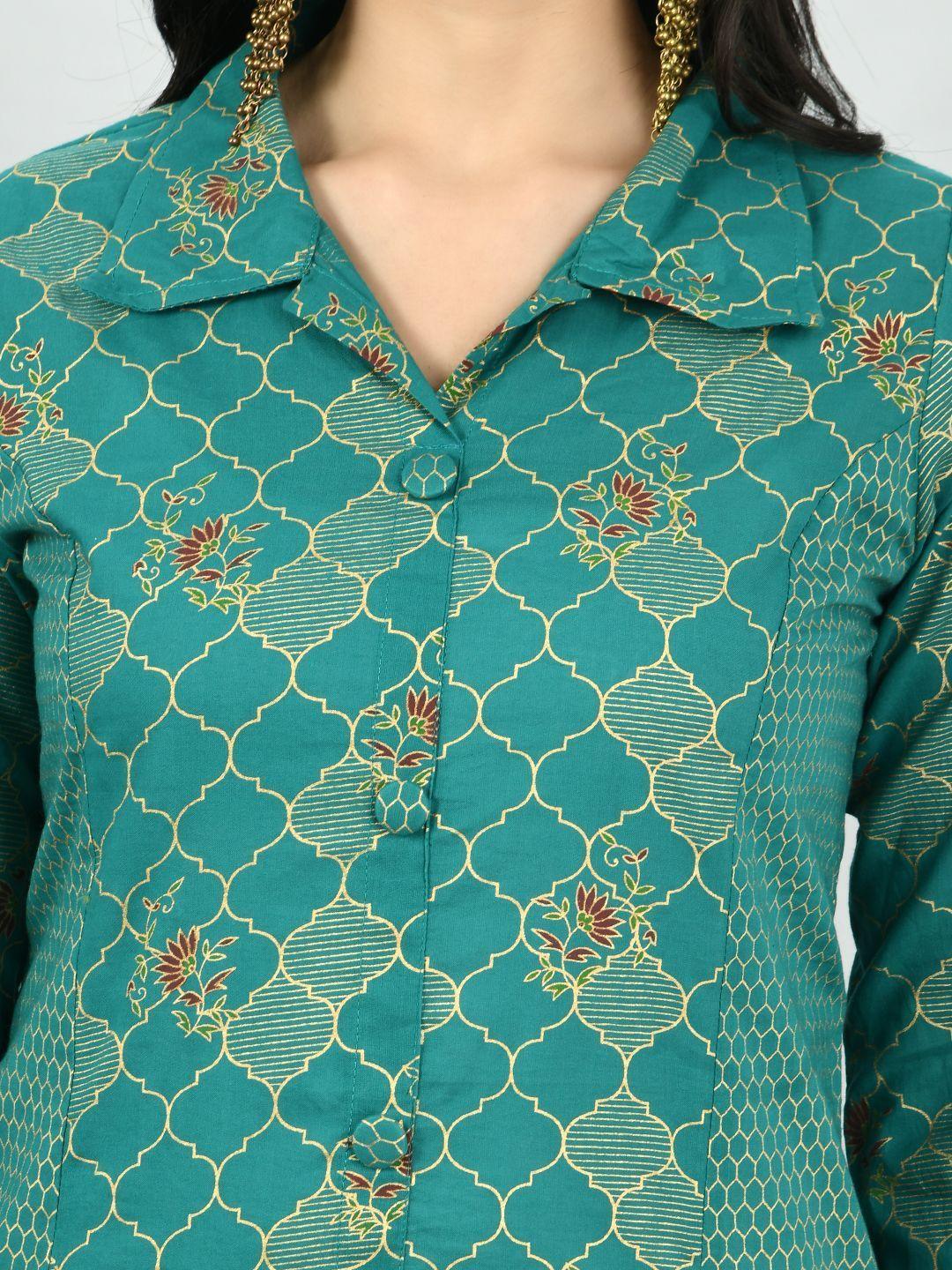 Women's Green Cotton Printed 3/4 Sleeve Shirt Coller Casual Kurta Pant Set - Myshka - Indiakreations