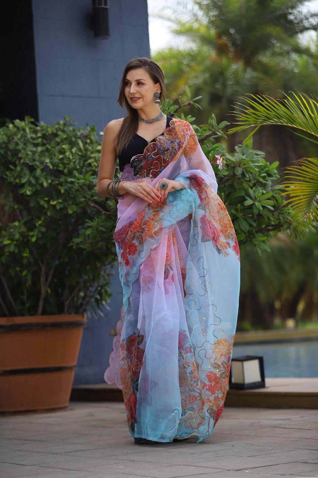 Beautiful Floral Printed Party Wear Organza Saree In Blue - Indiakreations