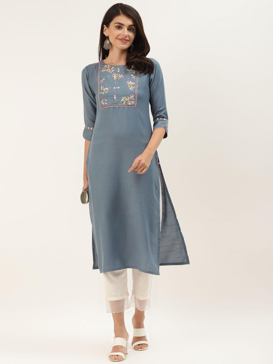 Blue Yoke Design Straight Kurta - Indiakreations