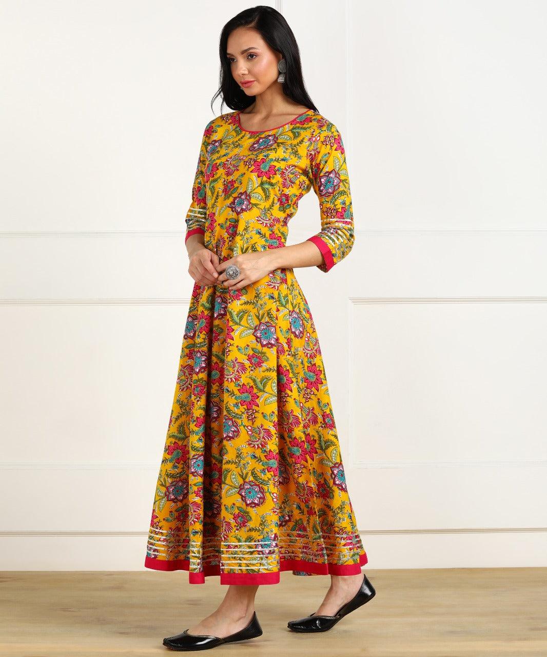 Women's Floral Print Cotton Poly Silk Stitched Anarkali Gown (Yellow) 1Pc - Noz2Toz - Indiakreations