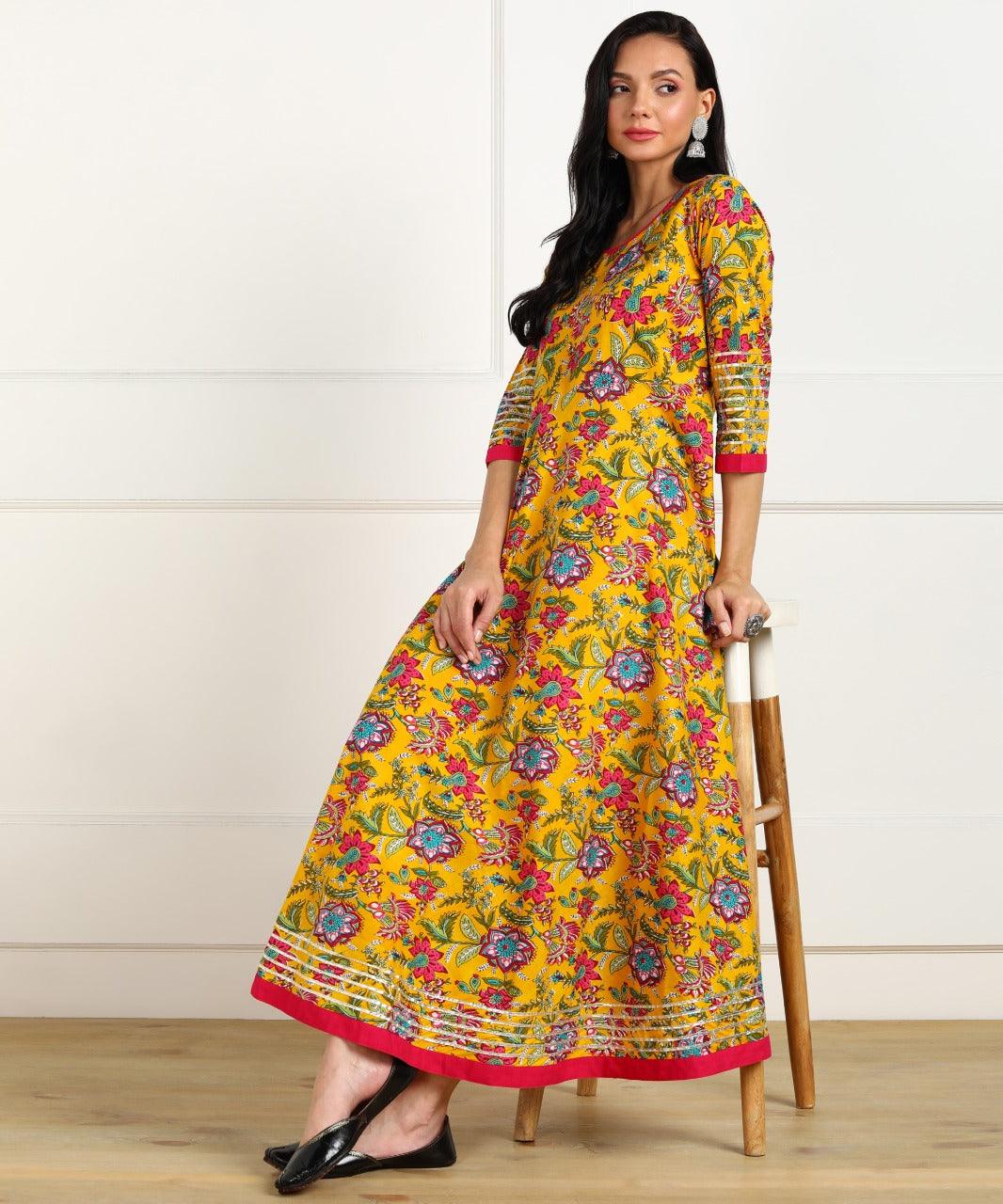 Women's Floral Print Cotton Poly Silk Stitched Anarkali Gown (Yellow) 1Pc - Noz2Toz - Indiakreations