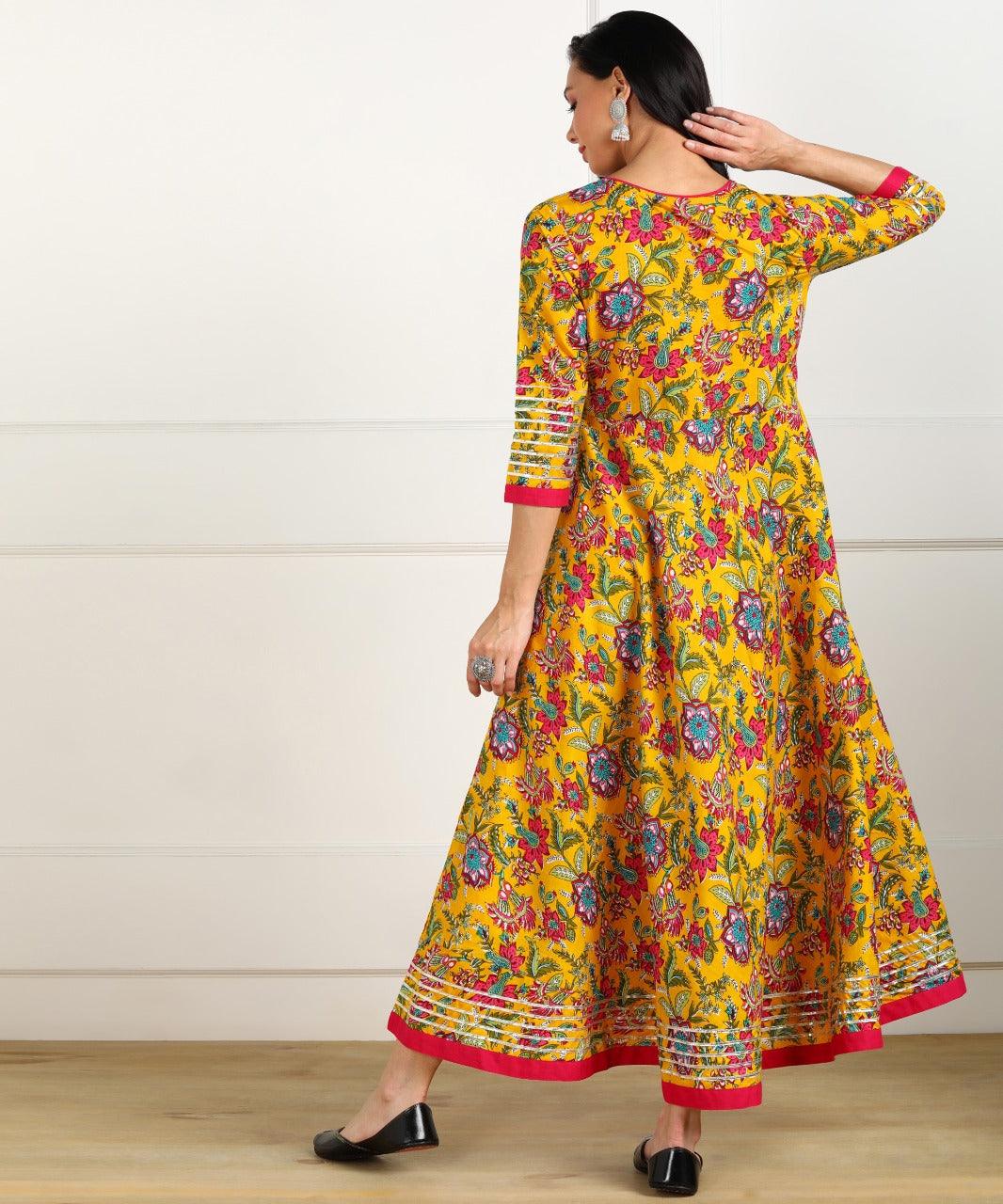 Women's Floral Print Cotton Poly Silk Stitched Anarkali Gown (Yellow) 1Pc - Noz2Toz - Indiakreations