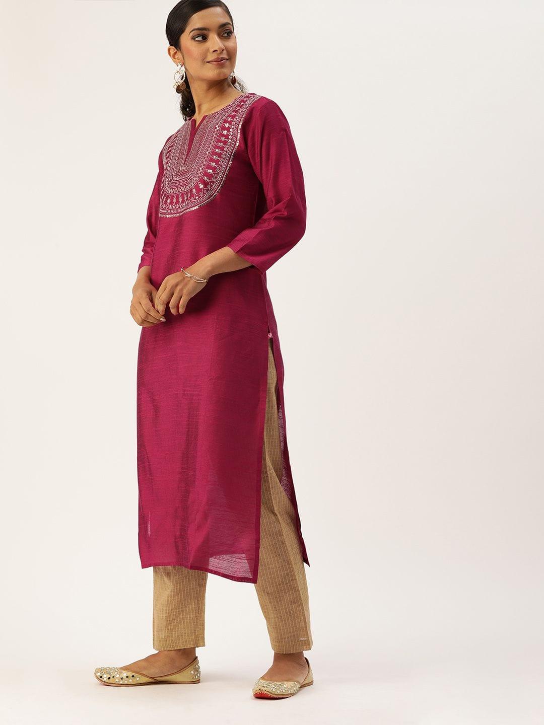 Magenta Pink & Beige Sequined Yoke Design Kurta With Trousers & Dupatta - Indiakreations