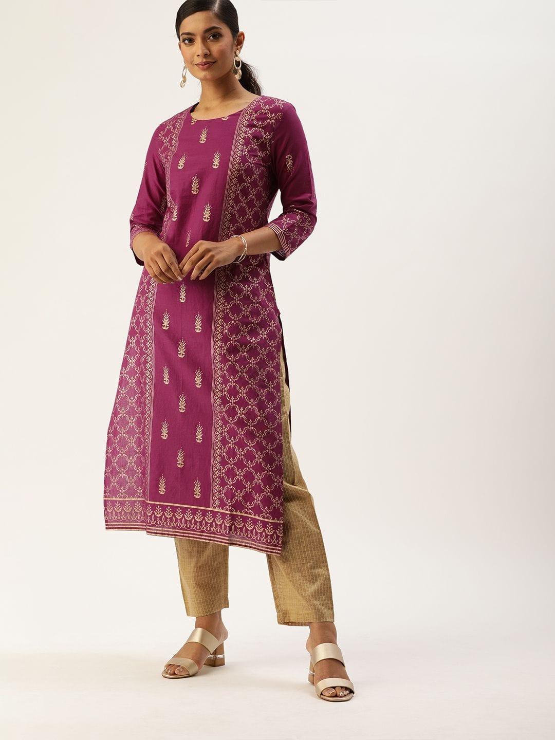 Women Magenta Pink & Gold-Toned Foil Printed Straight Kurta - Indiakreations