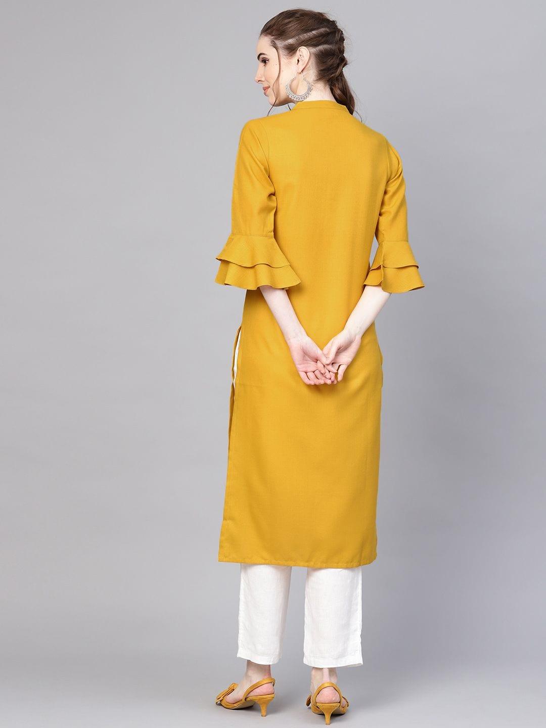 Women Mustard Yellow Solid Straight Kurta - Indiakreations