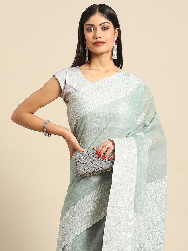 Green Cotton Linen Woven Design Printed Saree - Indiakreations