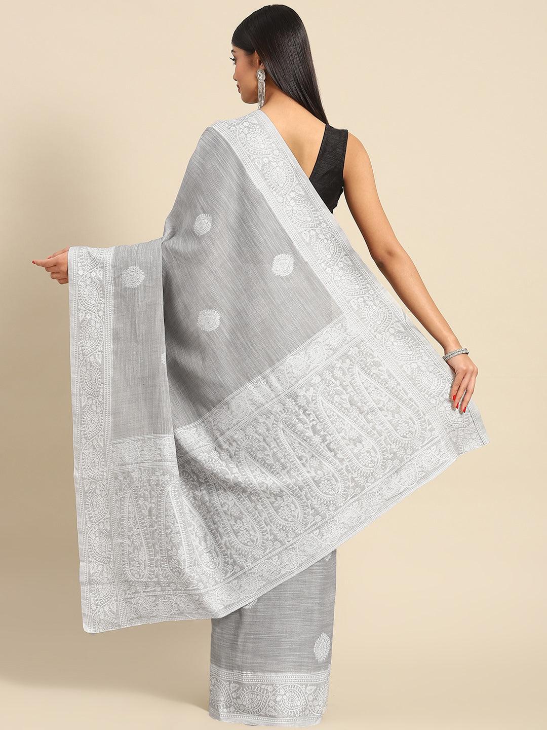 Trendy Designer Cotton Linen Printed Saree In Grey - Indiakreations