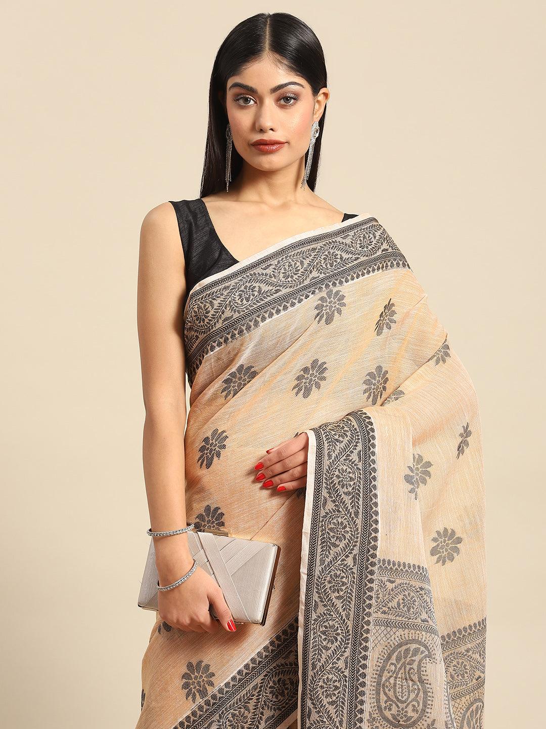 Beautiful Woven Design Cream Cotton Linen Saree - Indiakreations