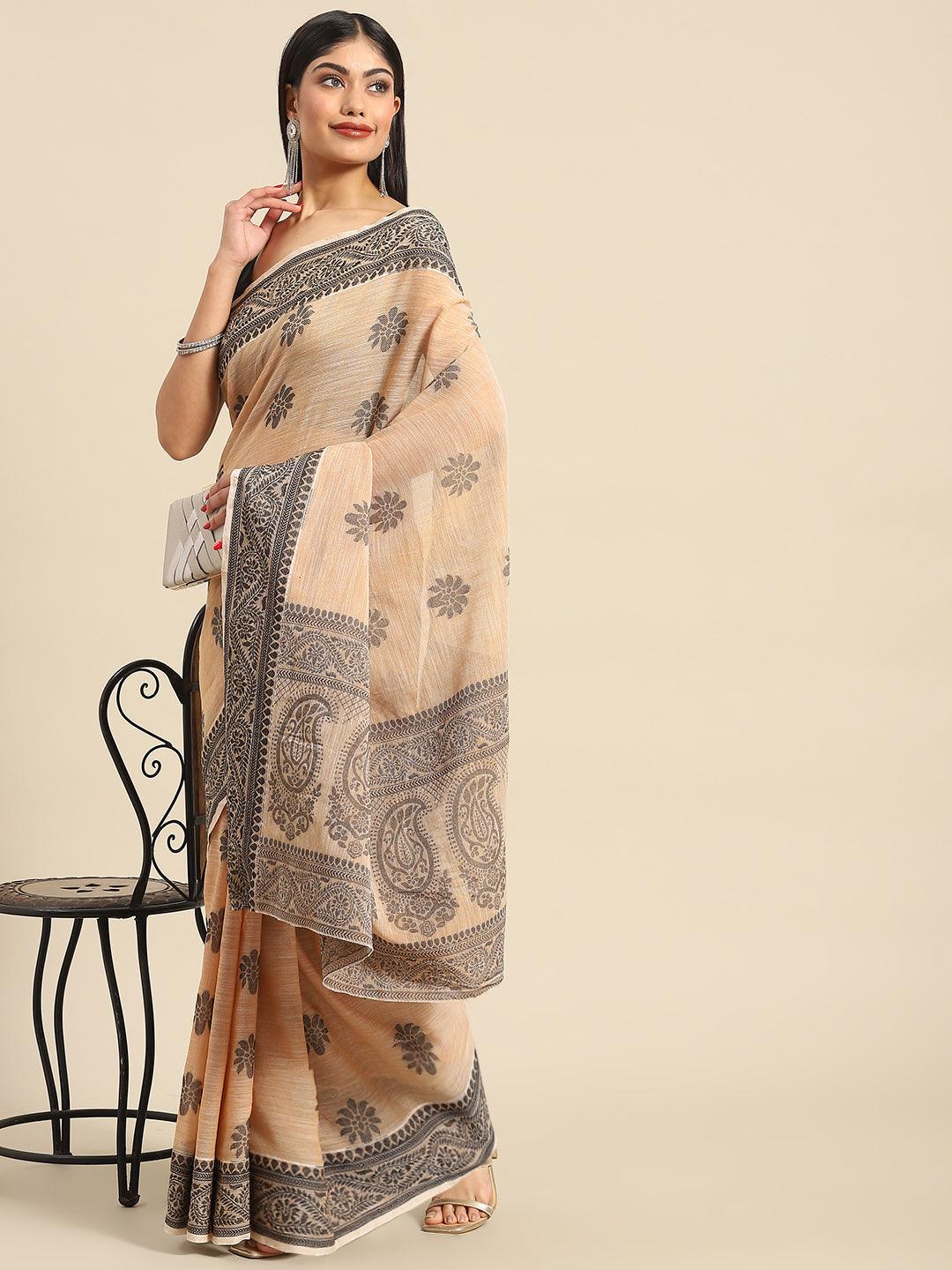 Beautiful Woven Design Cream Cotton Linen Saree - Indiakreations