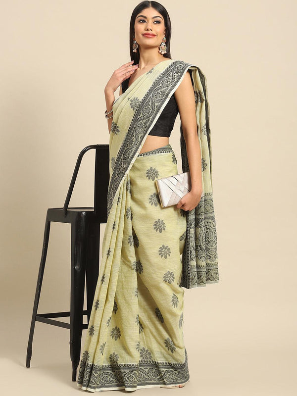 Gorgeous Woven Printed Cotton Linen Saree In Yellow - Indiakreations