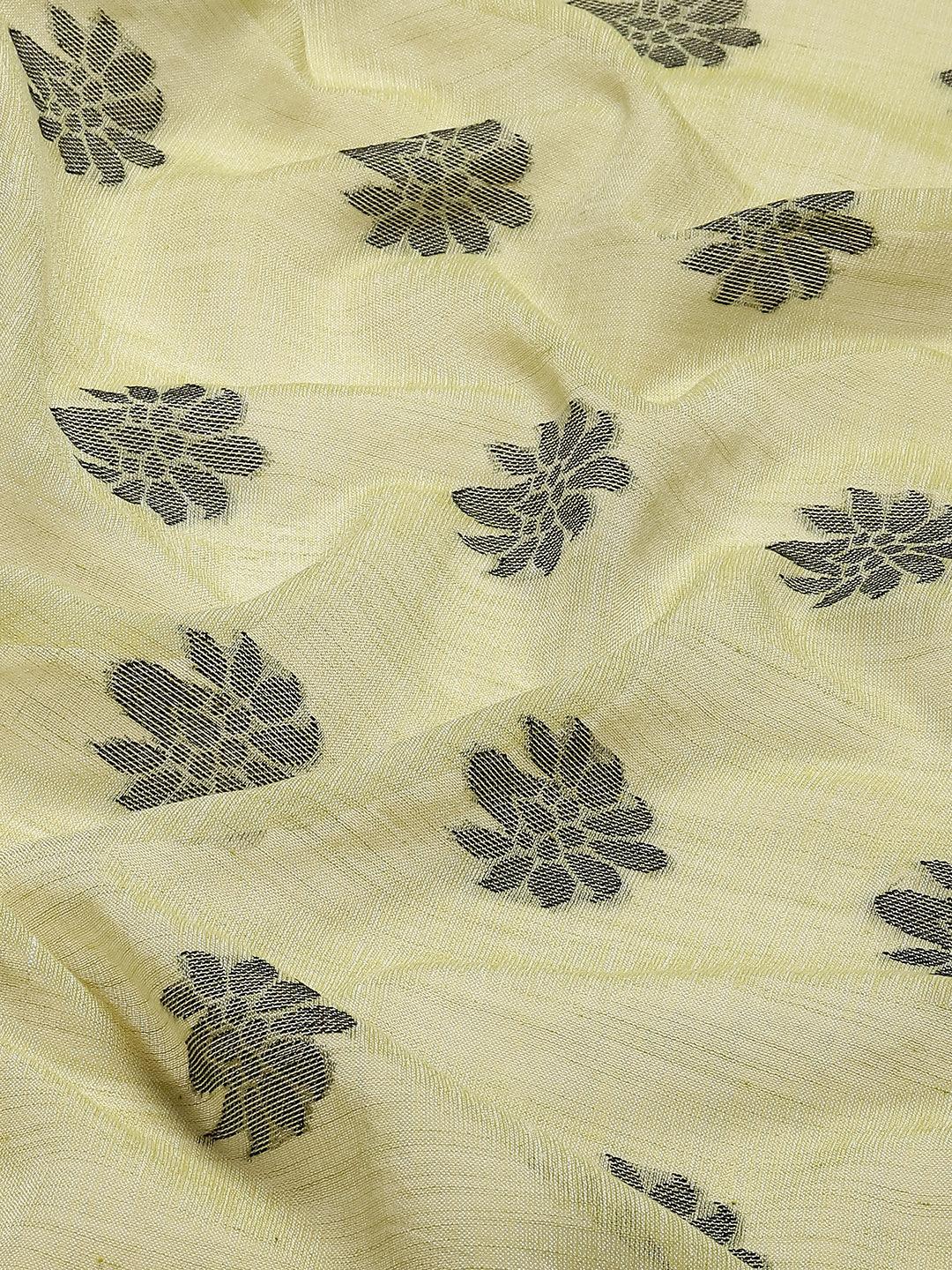 Gorgeous Woven Printed Cotton Linen Saree In Yellow - Indiakreations