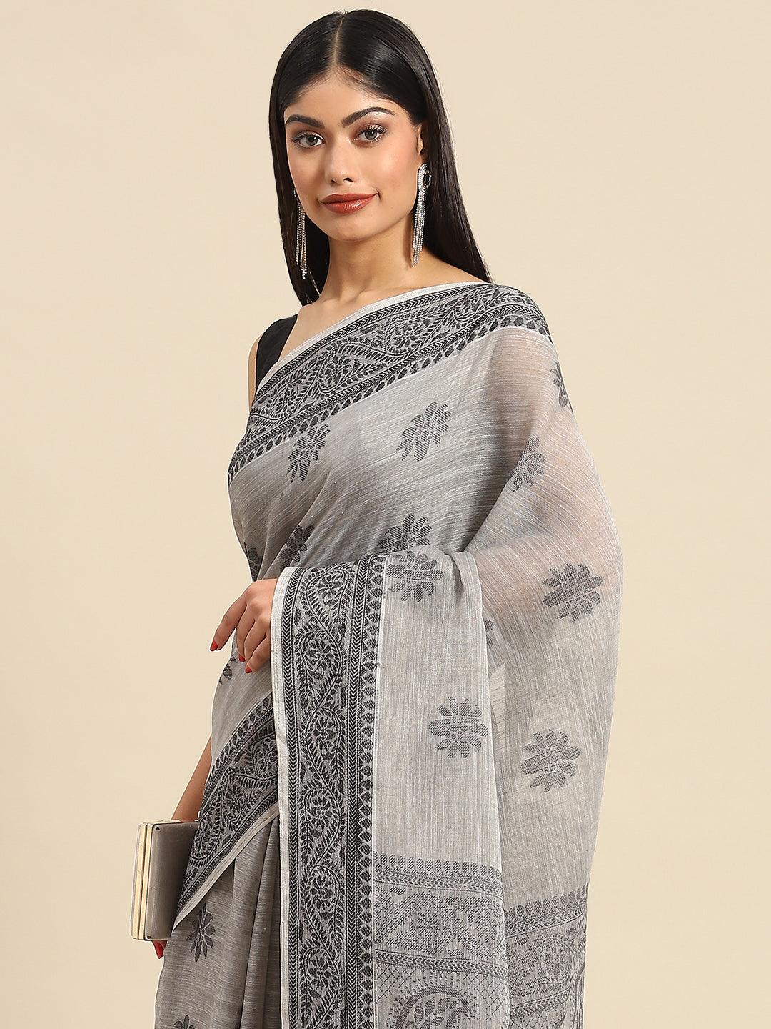 Designer Cotton Linen Printed Grey Saree - Indiakreations
