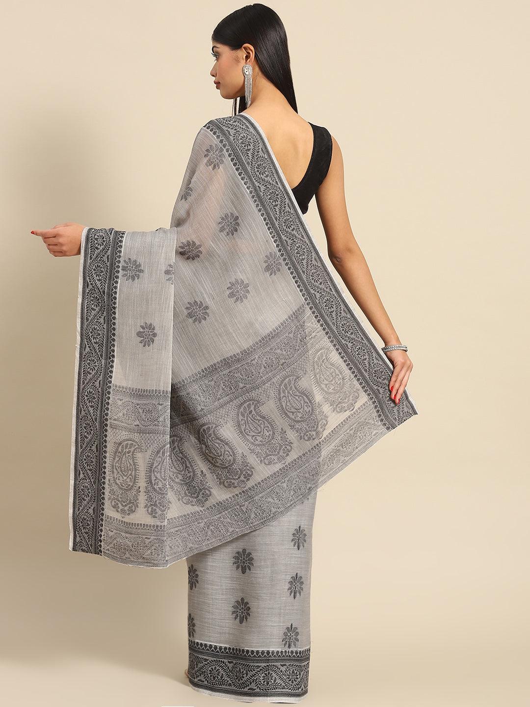 Designer Cotton Linen Printed Grey Saree - Indiakreations