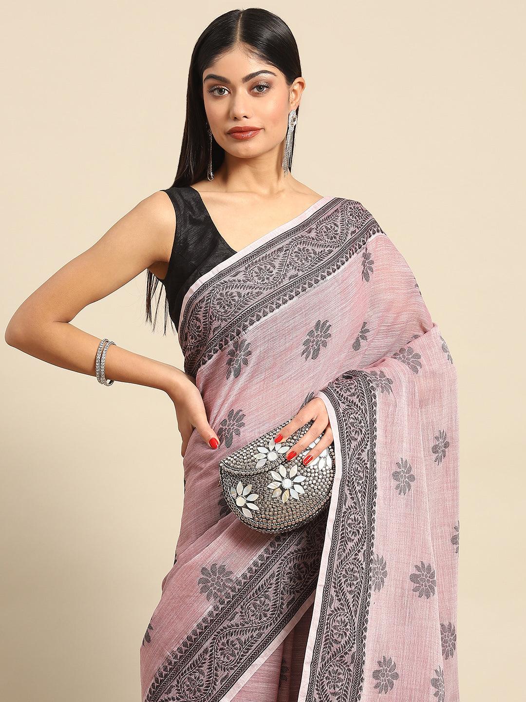 Beautiful Woven Design Printed Saree In Pink - Indiakreations